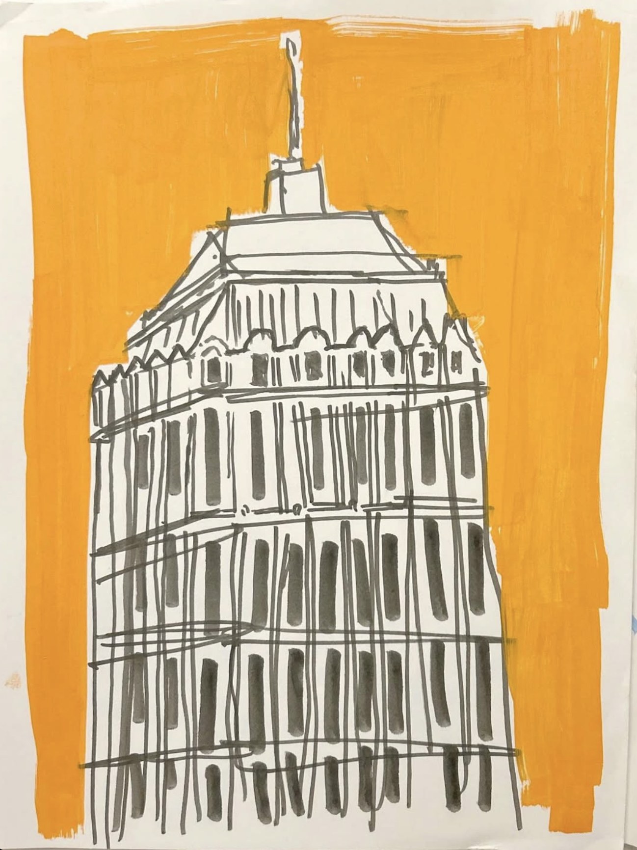 Ink drawing of a tower with a spire against a flat mustard-yellow painted ground
